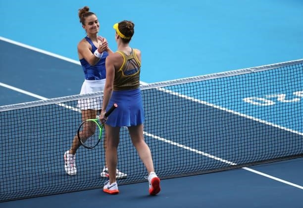 Elina Svitolina of Team Ukraine shakes hands with Maria Sakkari of Team Greece after their Women's Singles Third Round match against on day four of...
