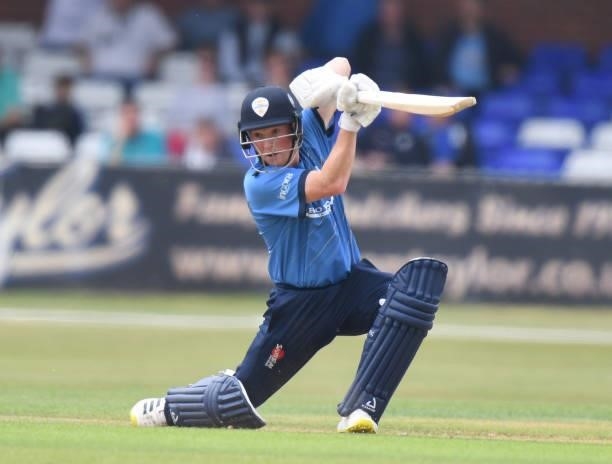Harry Came of Derbyshire bats during the Royal London Cup match between Derbyshire and Warwickshire at The Incora County Ground on July 27, 2021 in...