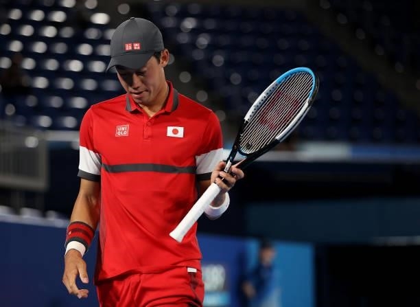 Kei Nishikori of Team Japan prepares between points during his Men's Singles Second Round match against Marcos Giron of Team USA on day four of the...