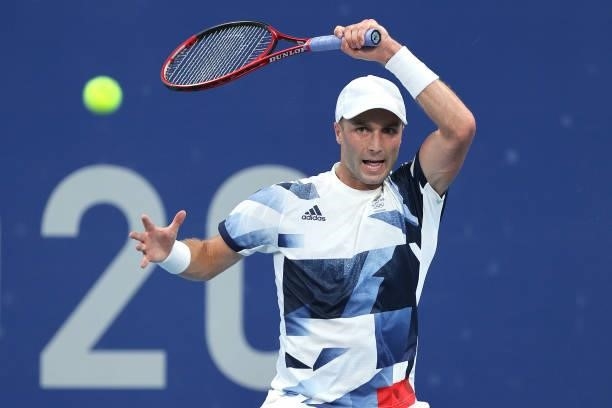 Liam Broady of Team Great Britain plays a forehand during his Men's Singles Second Round match against Hubert Hurkacz of Team Poland on day four of...