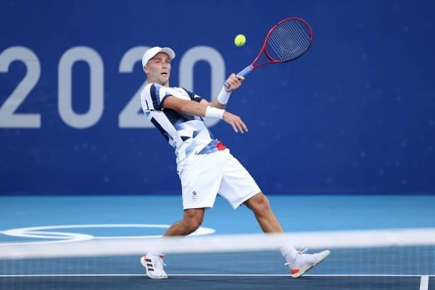 Liam Broady of Team Great Britain plays a forehand during his Men's Singles Second Round match against Hubert Hurkacz of Team Poland on day four of...