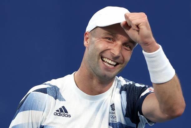 Liam Broady of Team Great Britain celebrates victory after his Men's Singles Second Round match against Hubert Hurkacz of Team Poland on day four of...