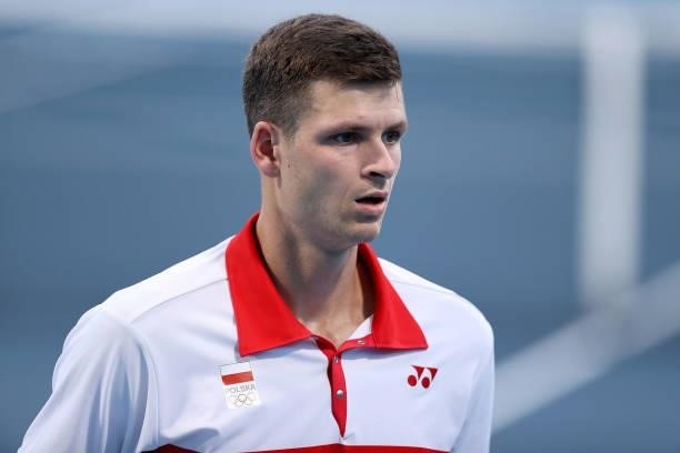 Hubert Hurkacz of Team Poland looks on during his Men's Singles Second Round match against Liam Broady of Team Great Britain on day four of the Tokyo...