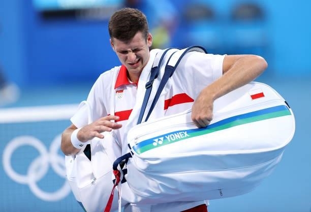 Hubert Hurkacz of Team Poland walks from the court after his defeat during his Men's Singles Second Round match against Liam Broady of Team Great...