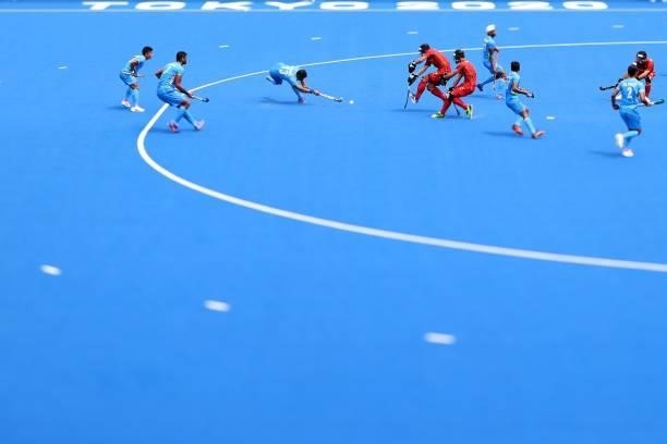 Harmanpreet Singh of Team India moves the ball during the Men's Preliminary Pool A match between India and Spain on day four of the Tokyo 2020...