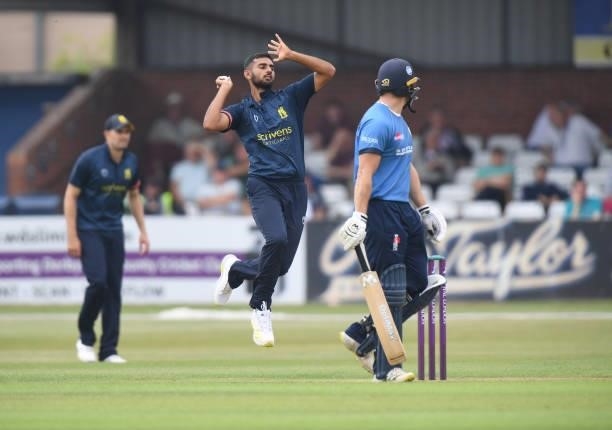 Manraj Johal of Warwickshire bowls during the Royal London Cup match between Derbyshire and Warwickshire at The Incora County Ground on July 27, 2021...