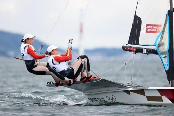 Isaura Maenhaut van Lemberge and Anouk Geurts of Team Belgium compete during the Women's Skiff - 49er FX class race on day four of the Tokyo 2020...
