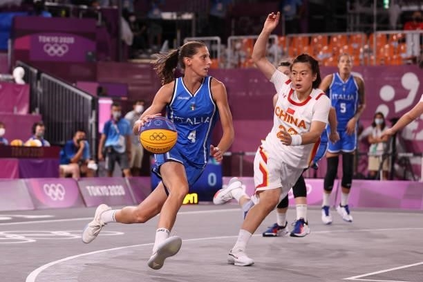Chiara Consolini of Team Italy handles the ball against Lili Wang of Team China in the 3x3 Basketball competition on day four of the Tokyo 2020...