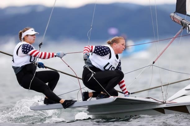 Stephanie Roble and Maggie Shea of Team United States compete during the Women's Skiff - 49er FX class race on day four of the Tokyo 2020 Olympic...