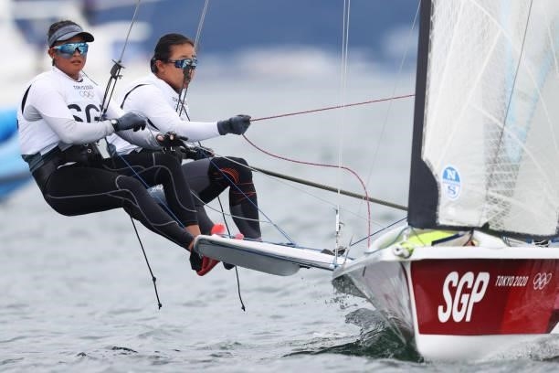 Kimberly Min Lim and Rui Qi Cecilia Low of Team Singapore compete during the Women's Skiff - 49er FX class race on day four of the Tokyo 2020 Olympic...