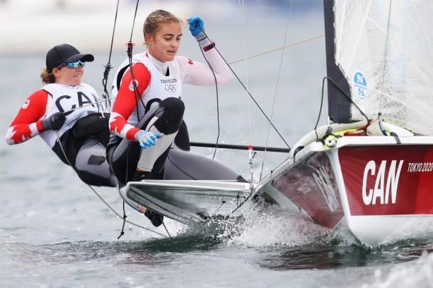 Alexandra Ten Hove and Mariah Millen of Team Canada on day four of the Tokyo 2020 Olympic Games at Enoshima Yacht Harbour on July 27, 2021 in...