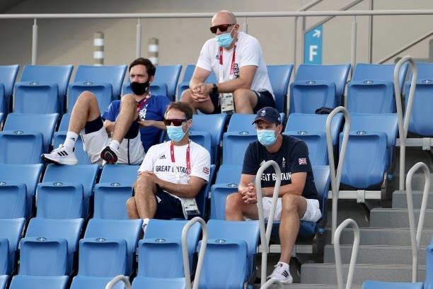 Team Great Britain members watch Liam Broady of Team Great Britain play his Men's Singles Second Round match against Hubert Hurkacz of Team Poland on...