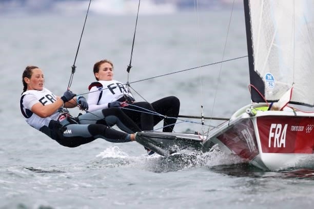 Lili Sebesi and Albane Dubois of Team France on day four of the Tokyo 2020 Olympic Games at Enoshima Yacht Harbour on July 27, 2021 in Fujisawa,...