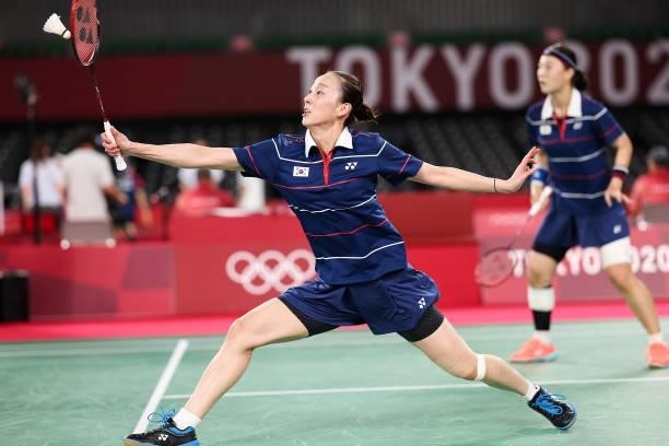 Lee Sohee and Shin Seungchan of Team South Korea compete against Du Yue and Li Yin Hui of Team China during a Women's Doubles Group B match on day...