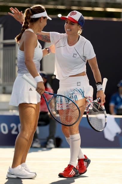 Bethanie Mattek-Sands of Team USA and Jessica Pegula play Fiona Ferro of Team France and Alize Cornet of Team France in their Women's Doubles Second...