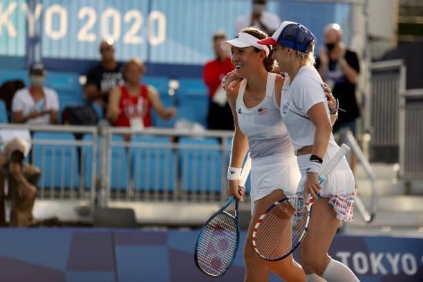 Bethanie Mattek-Sands of Team USA and Jessica Pegula play Fiona Ferro of Team France and Alize Cornet of Team France in their Women's Doubles Second...