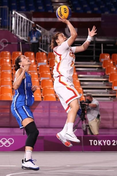 Lili Wang of Team China shoots in the 3x3 Basketball competition on day four of the Tokyo 2020 Olympic Games at Aomi Urban Sports Park on July 27,...