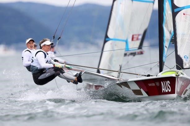Tess Lloyd and Jaime Ryan of Team Australia compete during the Women's Skiff - 49er FX class race on day four of the Tokyo 2020 Olympic Games at...