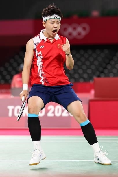 Du Yue and Li Yin Hui of Team China react as they compete against Lee Sohee and Shin Seungchan of Team South Korea during a Women's Doubles Group B...