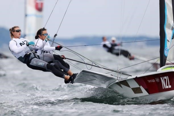 Alex Maloney and Molly Meech of Team New Zealand compete in the Women's Skiff - 49er class on day four of the Tokyo 2020 Olympic Games at Enoshima...