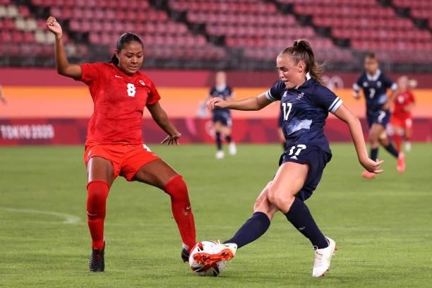 Georgia Stanway of Team Great Britain is challenged by Jayde Riviere of Team Canada during the Women's Group E match between Canada and Great Britain...