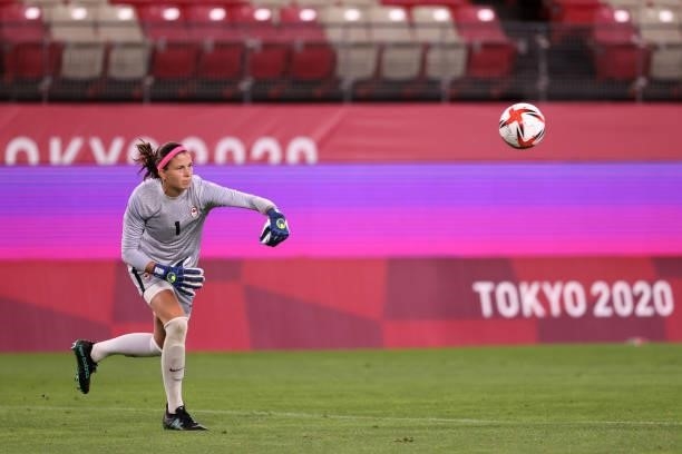 Stephanie Labbe of Team Canada throws the ball during the Women's Group E match between Canada and Great Britain on day four of the Tokyo 2020...