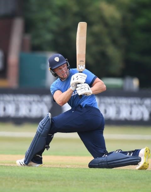 Tom Wood of Derbyshire bats during the Royal London Cup match between Derbyshire and Warwickshire at The Incora County Ground on July 27, 2021 in...