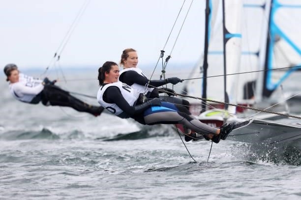 Annemiek Bekkering and Annette Duetz of Team Netherlands compete in the Women's Skiff - 49er class on day four of the Tokyo 2020 Olympic Games at...