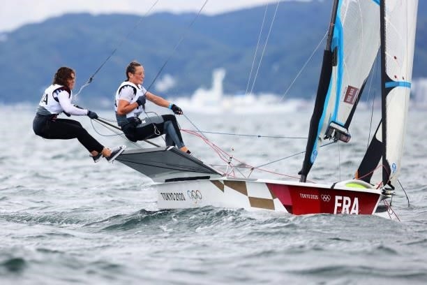 Lili Sebesi and Albane Dubois of Team France compete in the Women's Skiff - 49er class on day four of the Tokyo 2020 Olympic Games at Enoshima Yacht...