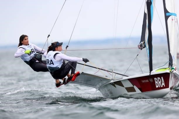 Martine Grael and Kahena Kunze of Team Brazil compete in the Women's Skiff - 49er class on day four of the Tokyo 2020 Olympic Games at Enoshima Yacht...