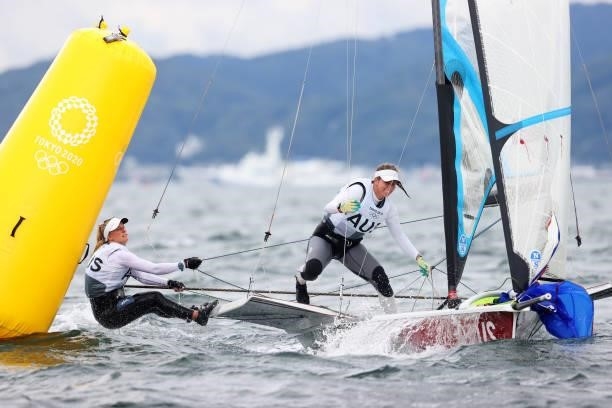 Tess Lloyd and Jaime Ryan of Team Australia compete in the Women's Skiff - 49er class on day four of the Tokyo 2020 Olympic Games at Enoshima Yacht...
