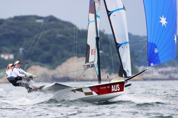Tess Lloyd and Jaime Ryan of Team Australia compete in the Women's Skiff - 49er class on day four of the Tokyo 2020 Olympic Games at Enoshima Yacht...