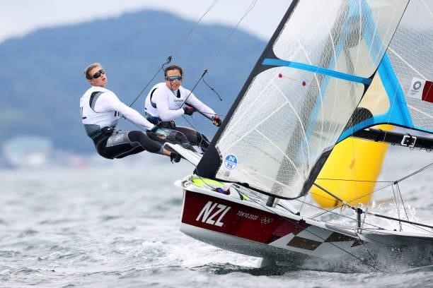 Alex Maloney and Molly Meech of Team New Zealand compete in the Women's Skiff - 49er class on day four of the Tokyo 2020 Olympic Games at Enoshima...