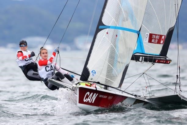 Alexandra Ten Hove and Mariah Millen of Team Canada compete in the Women's Skiff - 49er class on day four of the Tokyo 2020 Olympic Games at Enoshima...