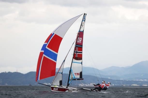 Helene Naess and Marie Roenningen of Team Norway compete in the Women's Skiff - 49er class on day four of the Tokyo 2020 Olympic Games at Enoshima...