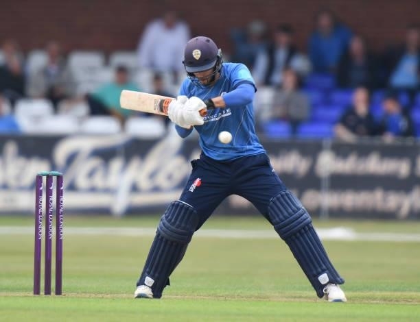 Alex Hughes of Derbyshire bats during the Royal London Cup match between Derbyshire and Warwickshire at The Incora County Ground on July 27, 2021 in...