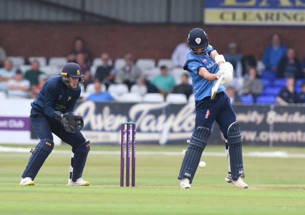 Alex Hughes of Derbyshire bats during the Royal London Cup match between Derbyshire and Warwickshire at The Incora County Ground on July 27, 2021 in...