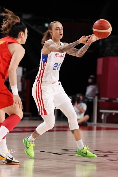 Jazmon Gwathmey of Team Puerto Rico passes the ball against China during the first half of a Women's Preliminary Round Group C game on day four of...