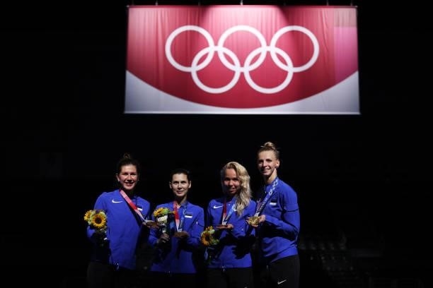 Gold medalists Julia Beljajeva, Irina Embrich, Erika Kirpu and Katrina Lehis of Team Estonia pose with their gold medals during the Women's Epée Team...