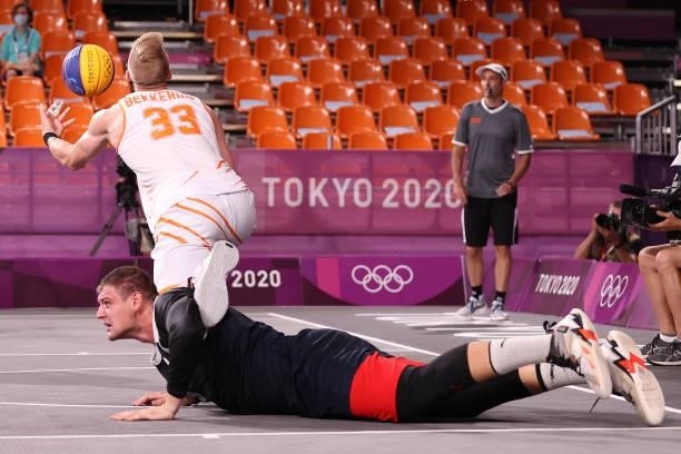 Ross Bekkering of Team Netherlands and Ilia Karpenkov of Team ROC competes for the ball in the 3x3 Basketball competition on day four of the Tokyo...