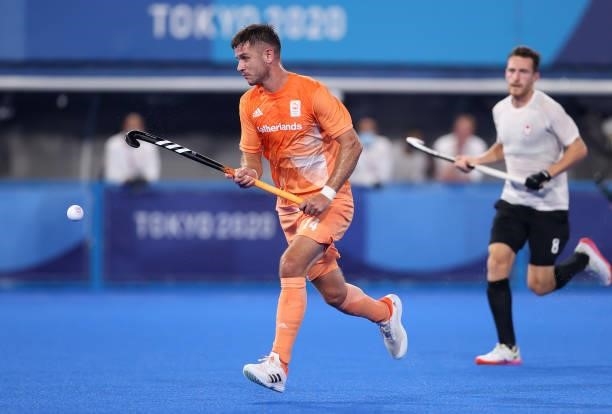 Robbert Kemperman of Team Netherlands controls the ball during the Men's Preliminary Pool B match between Netherlands and Canada on day four of the...