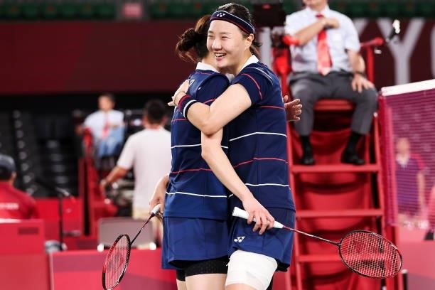 Lee Sohee and Shin Seungchan of Team South Korea celebrate after their victory against Du Yue and Li Yin Hui of Team China during a Women's Doubles...