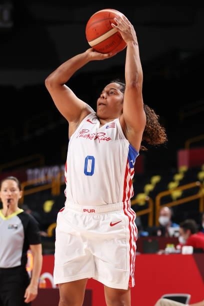 Jennifer O'Neill of Team Puerto Rico shoots against China during the first half of a Women's Preliminary Round Group C game on day four of the Tokyo...
