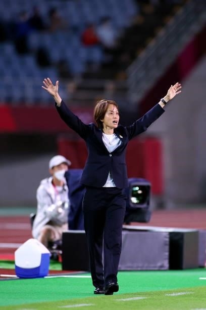 Asako Takakura, Head Coach of Team Japan reacts during the Women's Group E match between Chile and Japan on day four of the Tokyo 2020 Olympic Games...