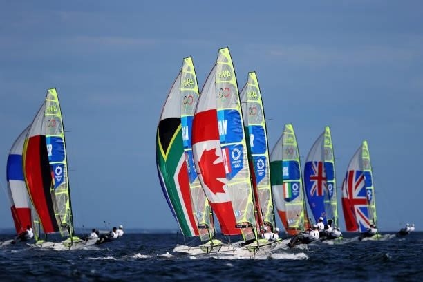 The Men's Skiff - 49er class race gets underway on day four of the Tokyo 2020 Olympic Games at Enoshima Yacht Harbour on July 27, 2021 in Fujisawa,...