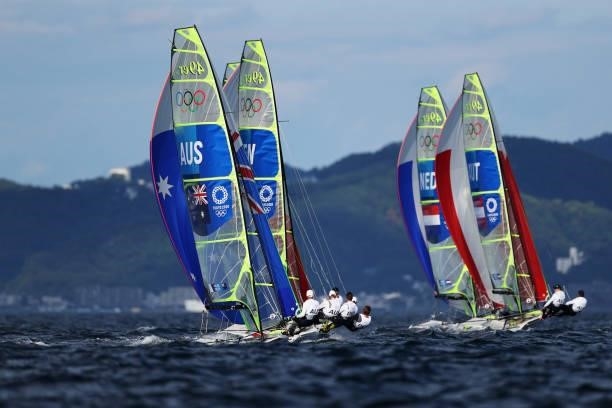 Will Phillips and Sam Phillips of Team Australia compete in the Men's Skiff - 49er class race on day four of the Tokyo 2020 Olympic Games at Enoshima...