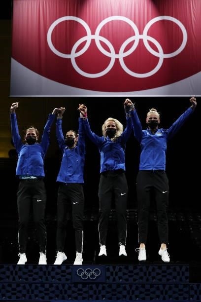 Gold medalists Julia Beljajeva, Irina Embrich, Erika Kirpu and Katrina Lehis of Team Estonia pose with their gold medals during the Women's Epée Team...