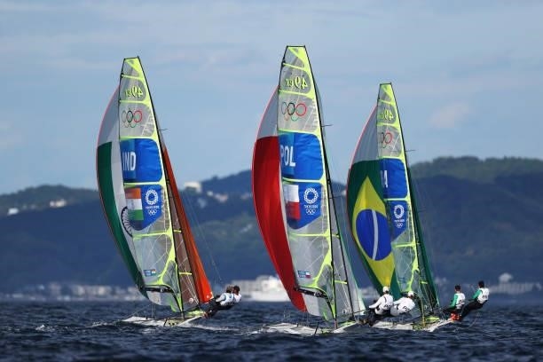 Ganapathy Kelapanda and Varun Thakkar of Team India compete in the Men's Skiff - 49er class race on day four of the Tokyo 2020 Olympic Games at...