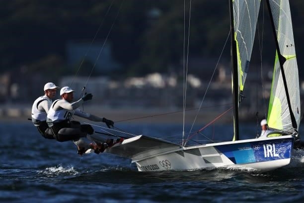 Robert Dickson and Sean Waddilove of Team Ireland compete in the Men's Skiff - 49er class race on day four of the Tokyo 2020 Olympic Games at...