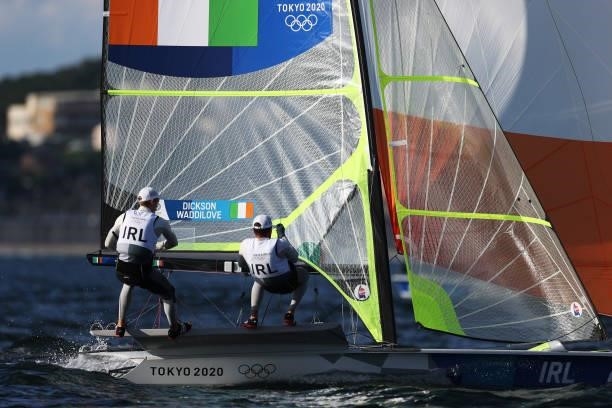 Robert Dickson and Sean Waddilove of Team Ireland compete in the Men's Skiff - 49er class race on day four of the Tokyo 2020 Olympic Games at...